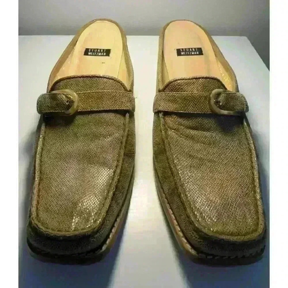 Stuart Weitzman Slide Women 7B Tan Beige Fabric Slip On Buckle Block Heel Spain - Picture 2 of 9